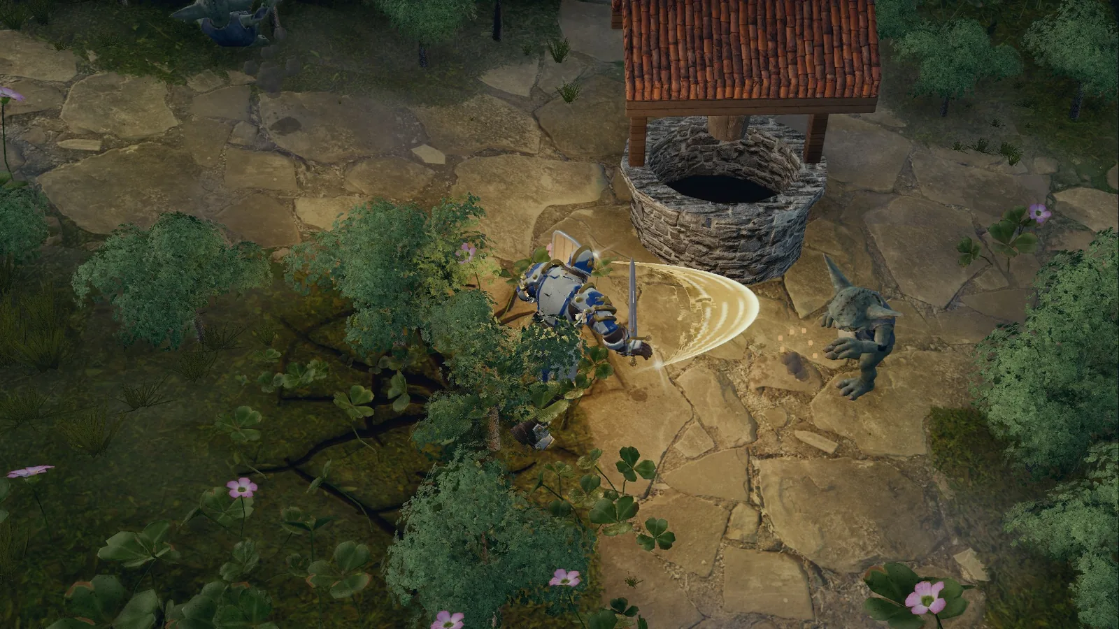 Untitled action RPG, work in progress: an armoured knight swings a sword at a goblin-like imp on a flagstone garden path