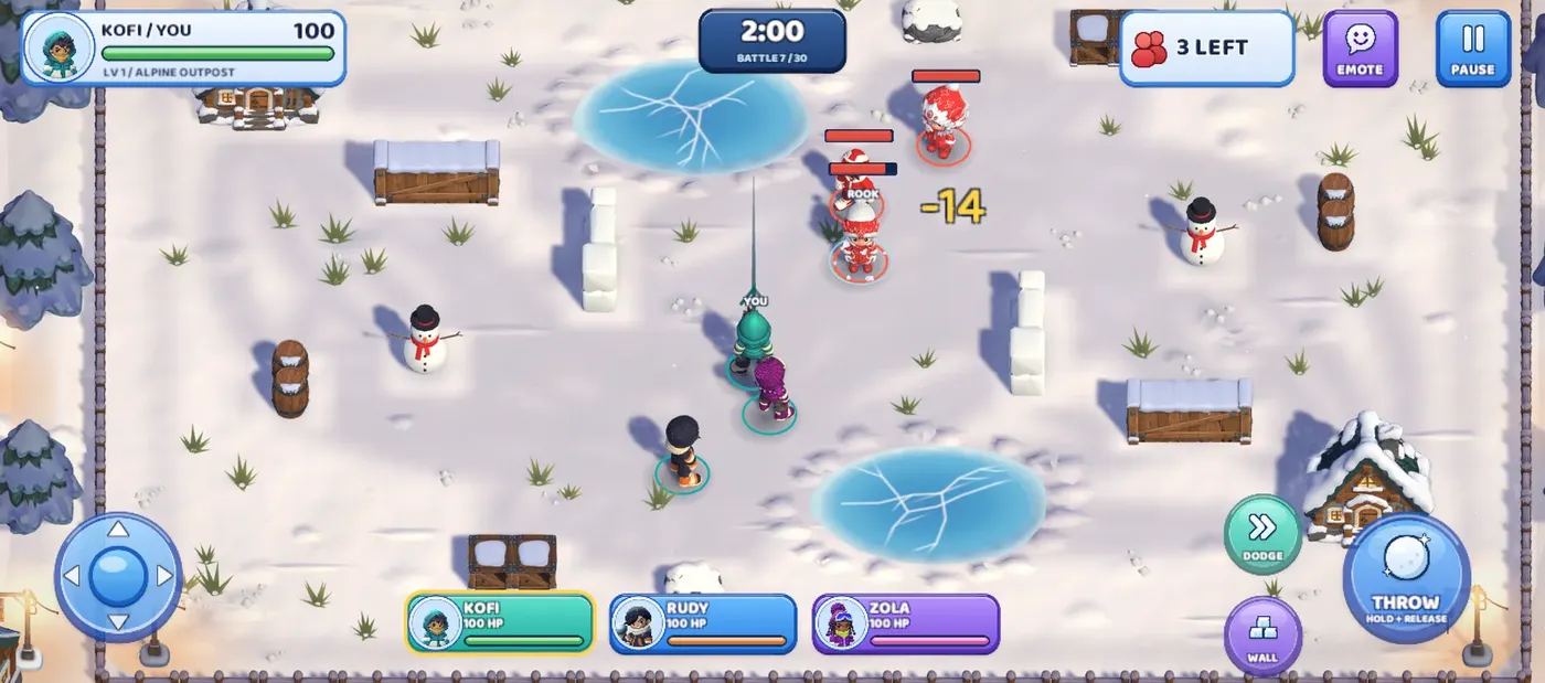 A Snowball Squad battle: the squad on an icy arena with health bars and a throw button