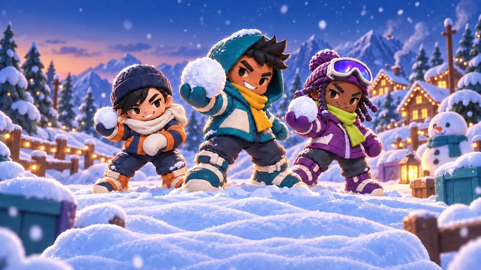 Kofi, Rudy and Zola, the three heroes of Snowball Squad, holding snowballs in a snowy village at dusk